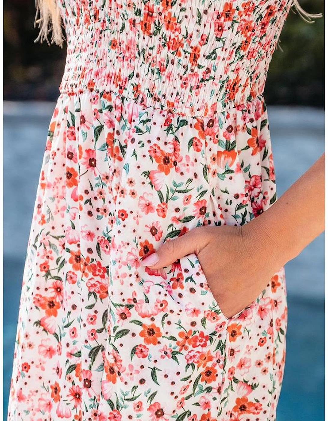 White Boho Floral Smocked Ruffled Maxi Dress