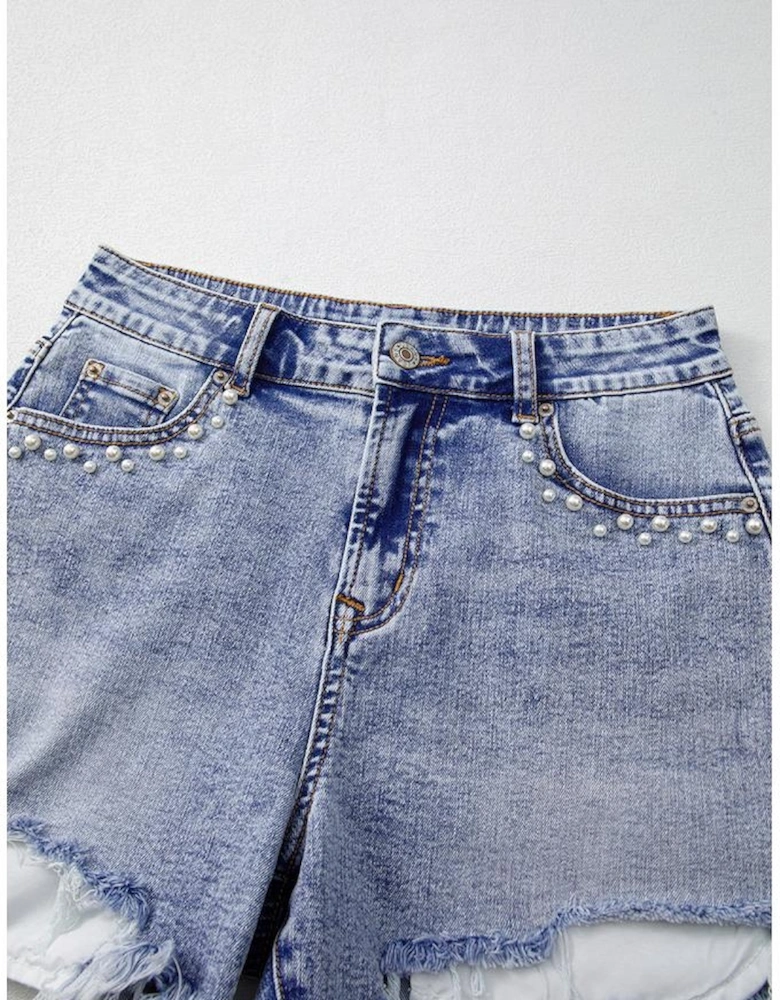 Beau Blue Pearl Studded Pockets Raw Hem Denim Shorts