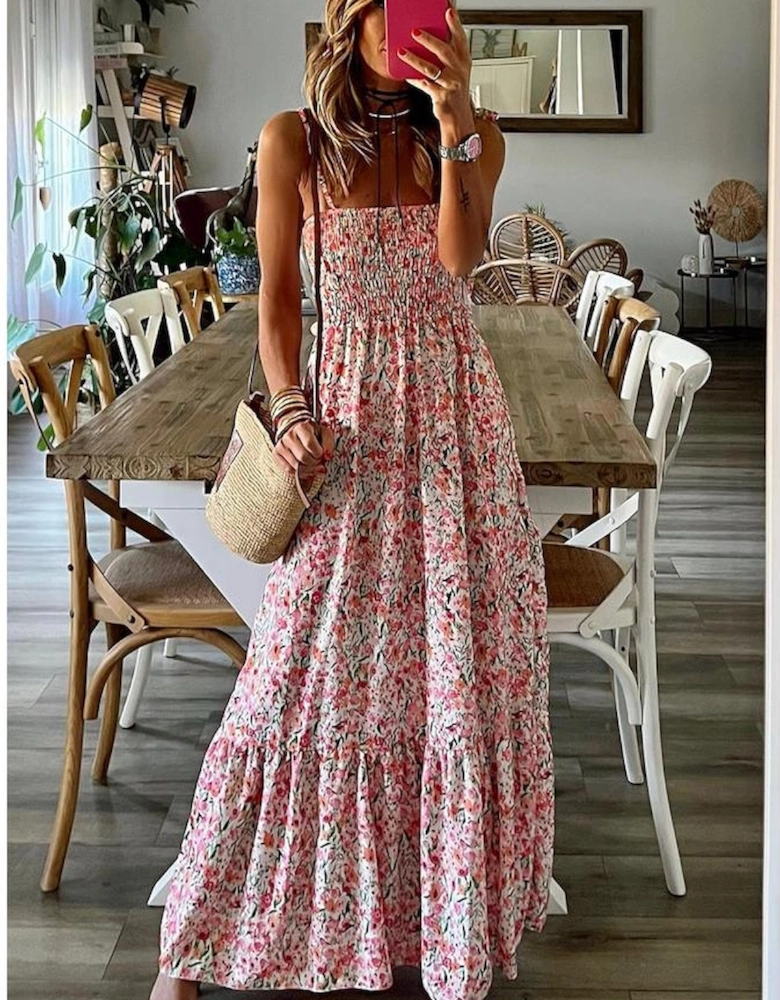 White Boho Floral Smocked Ruffled Maxi Dress