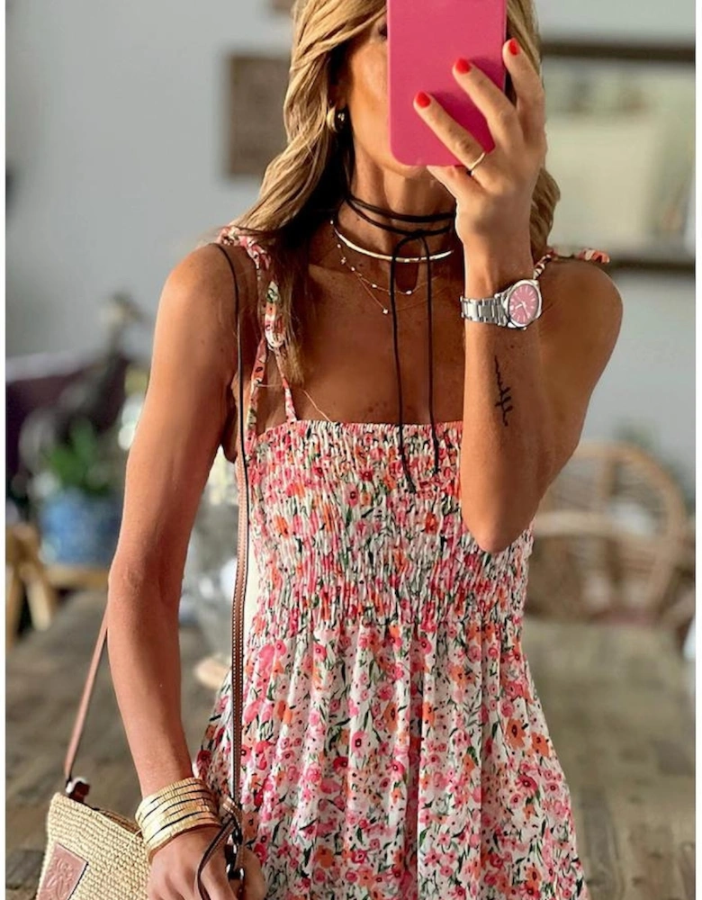 White Boho Floral Smocked Ruffled Maxi Dress