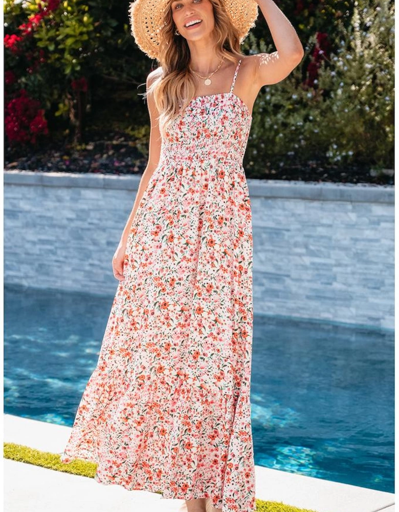 White Boho Floral Smocked Ruffled Maxi Dress