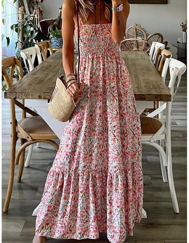 White Boho Floral Smocked Ruffled Maxi Dress