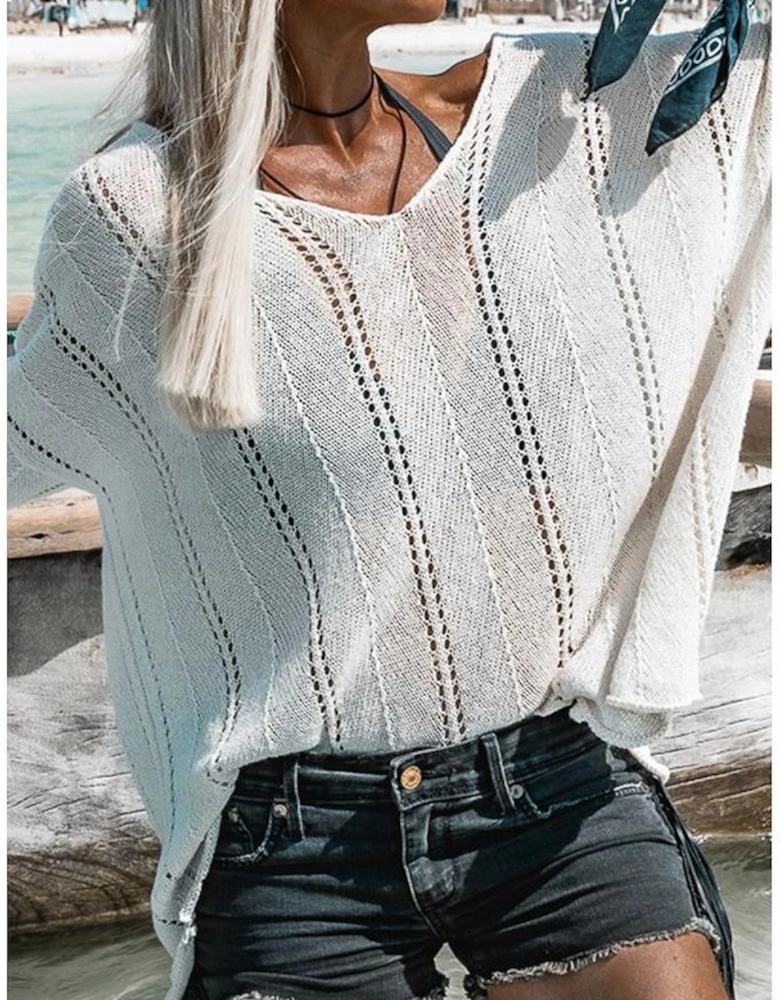 White Hollowed Detail Knitted Loose V Neck Sweater