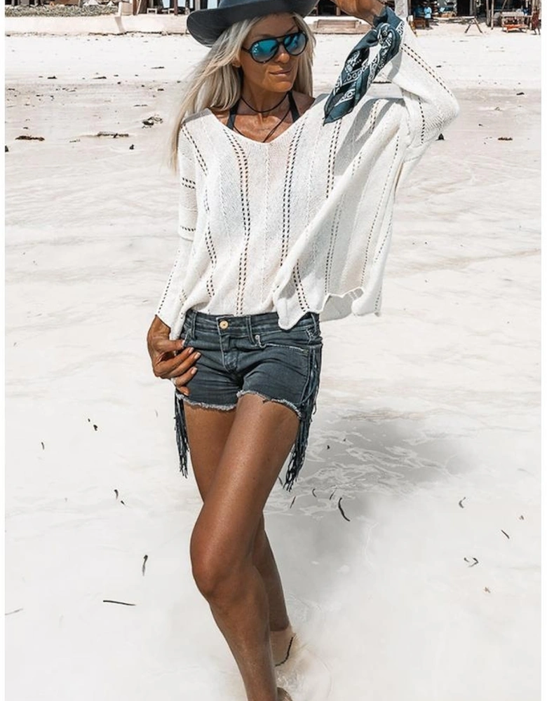 White Hollowed Detail Knitted Loose V Neck Sweater