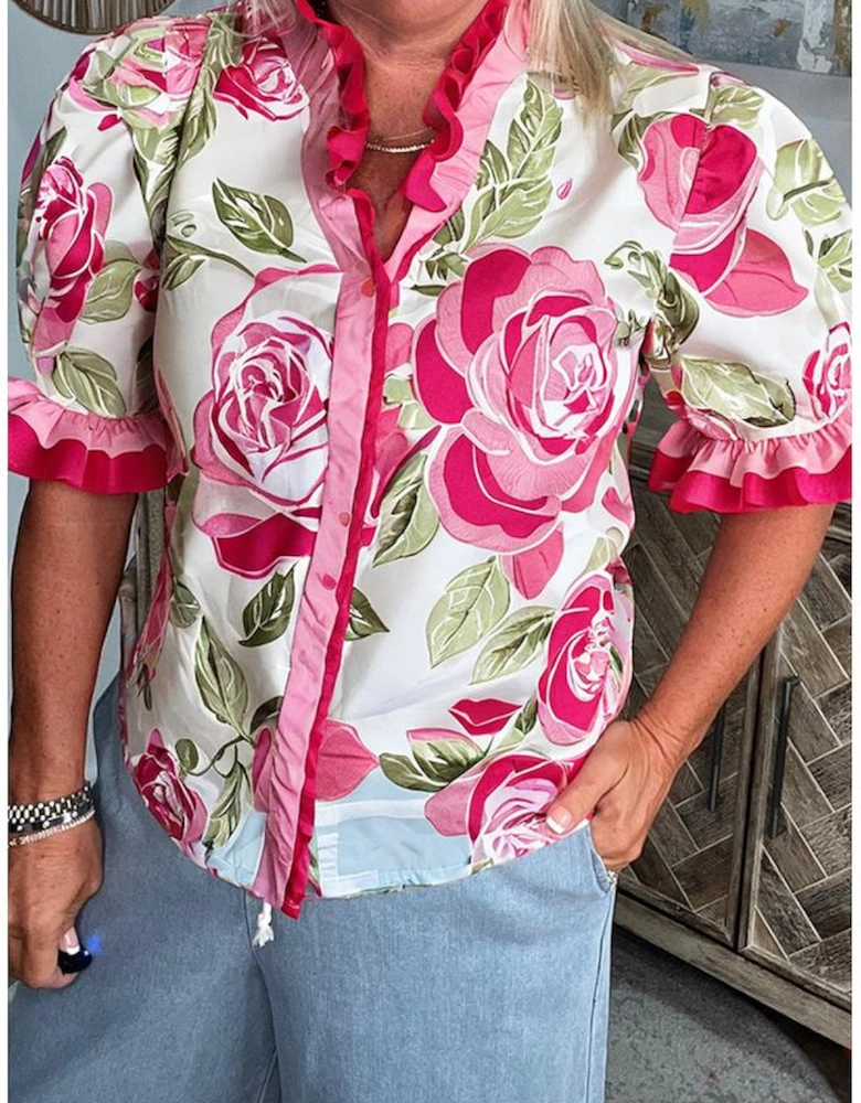 Rose Plus Size Floral Print Frilled Stripes Detail Short Sleeve Blouse