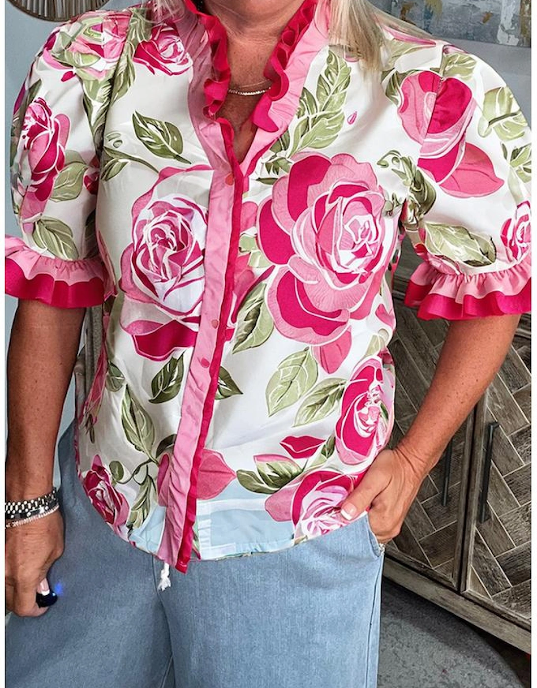 Rose Plus Size Floral Print Frilled Stripes Detail Short Sleeve Blouse