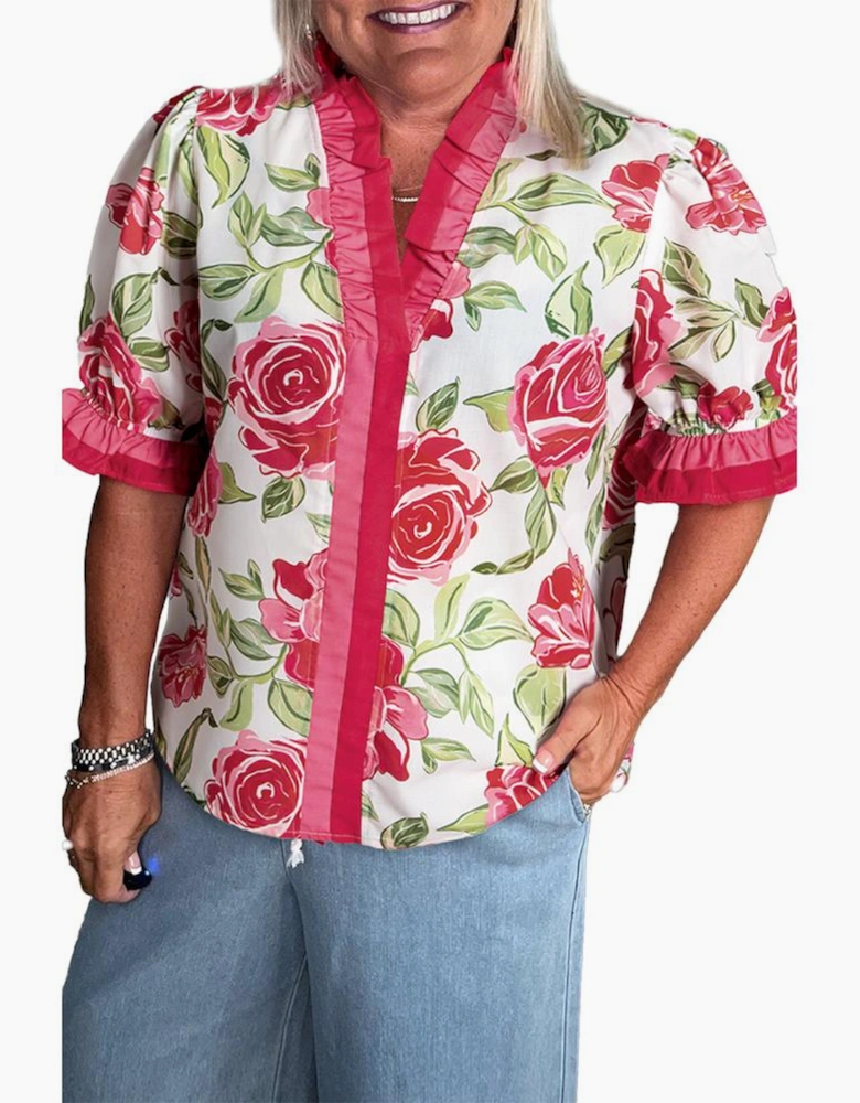 Rose Plus Size Floral Print Frilled Stripes Detail Short Sleeve Blouse