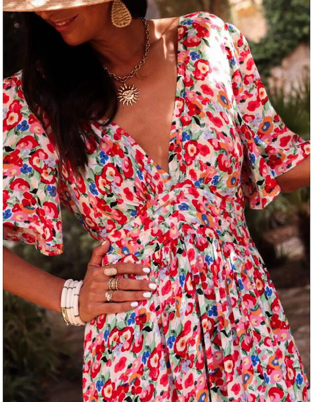 Red Floral Half Sleeve Deep V Neck Cutout Back Split Maxi Dress