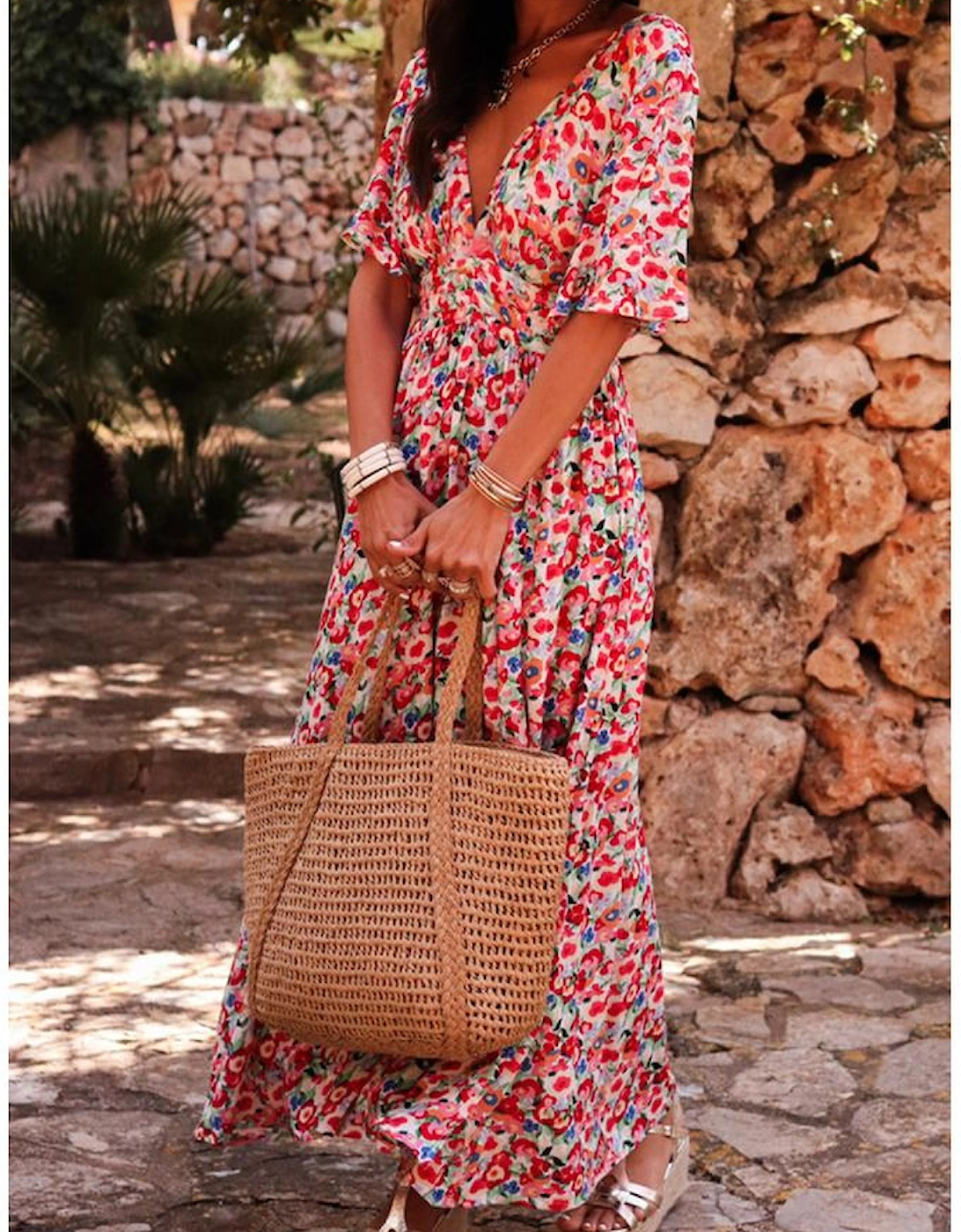 Red Floral Half Sleeve Deep V Neck Cutout Back Split Maxi Dress