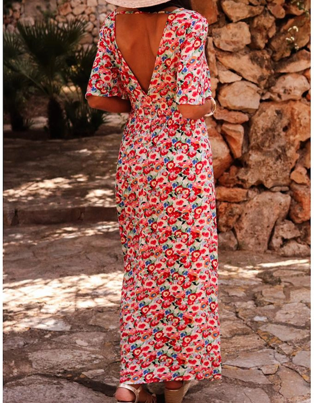 Red Floral Half Sleeve Deep V Neck Cutout Back Split Maxi Dress, 16 of 15