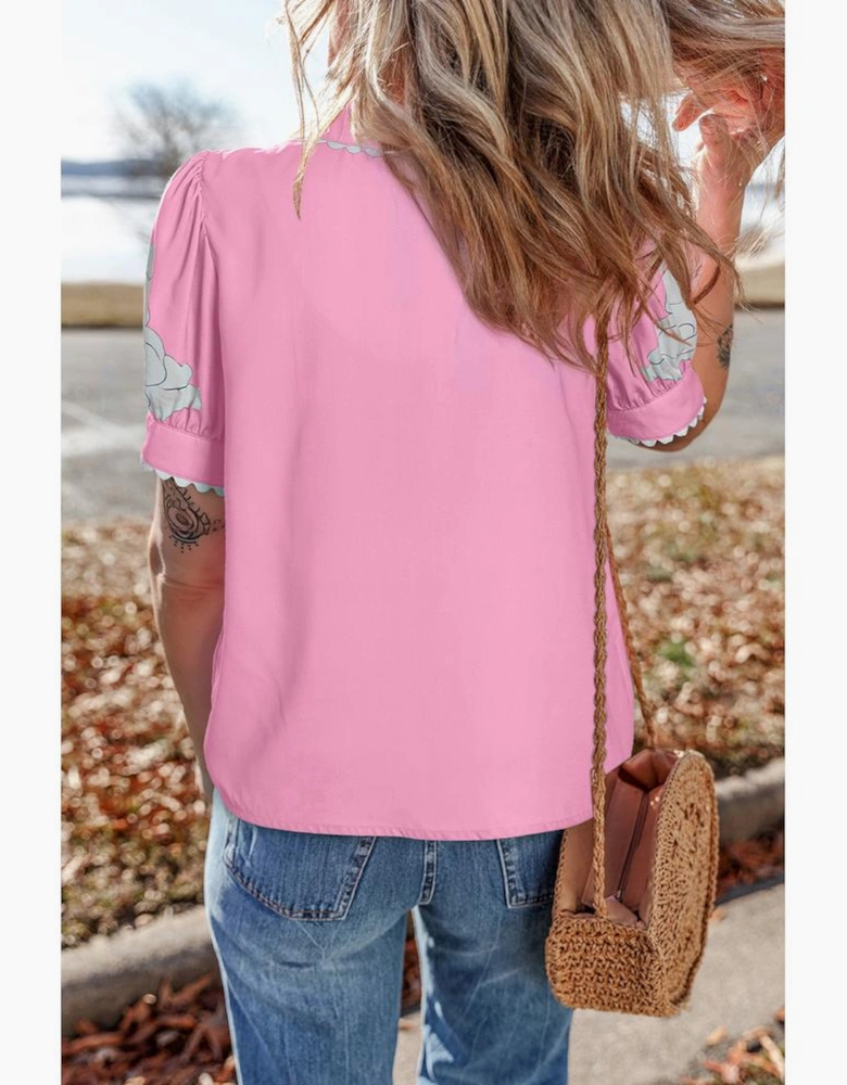 Rose Floral Ric Rac Edge Puff Sleeve Button Up Summer Shirt