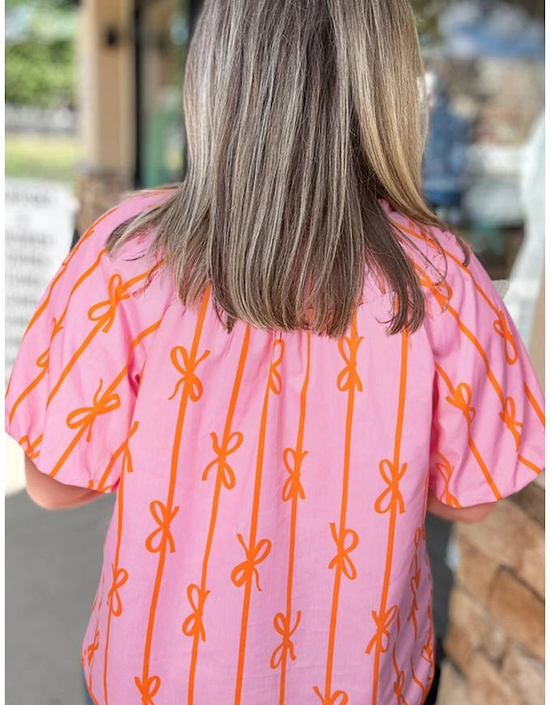 Rose Bowknot Print Shirred V Neck Puff Sleeve Plus Size Blouse, 9 of 8