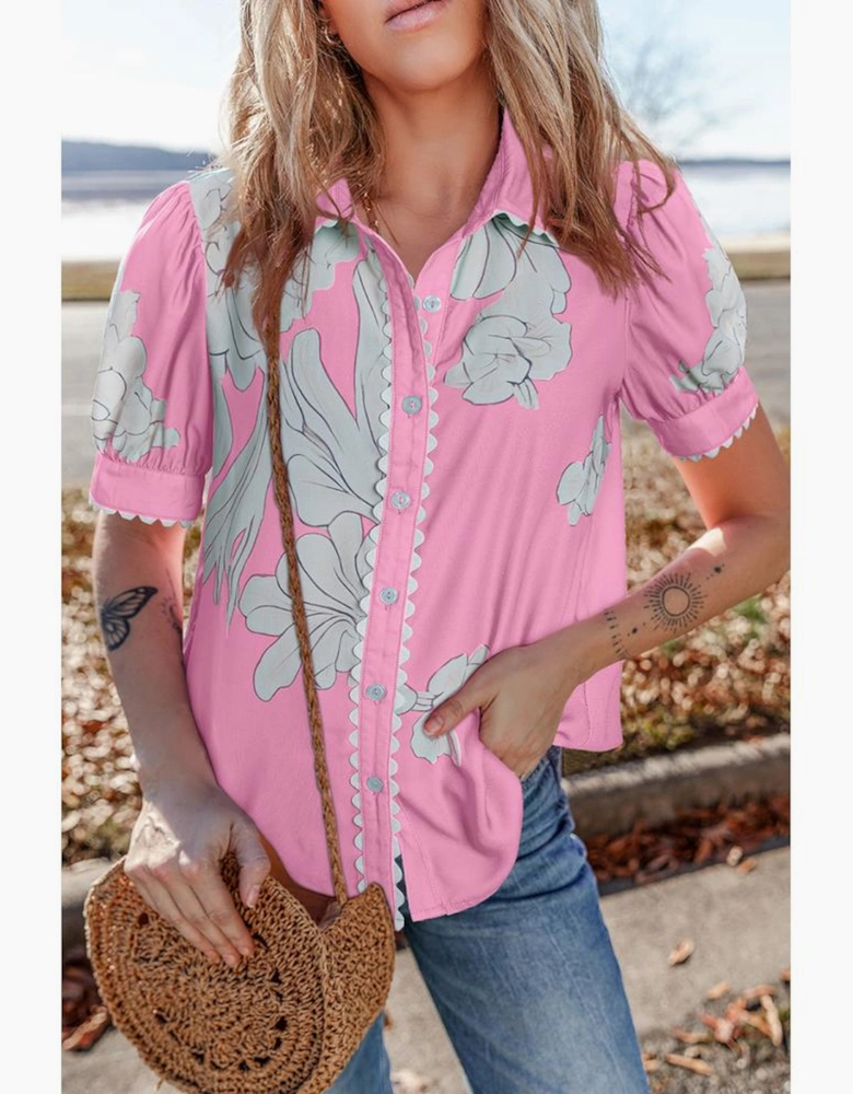 Rose Floral Ric Rac Edge Puff Sleeve Button Up Summer Shirt