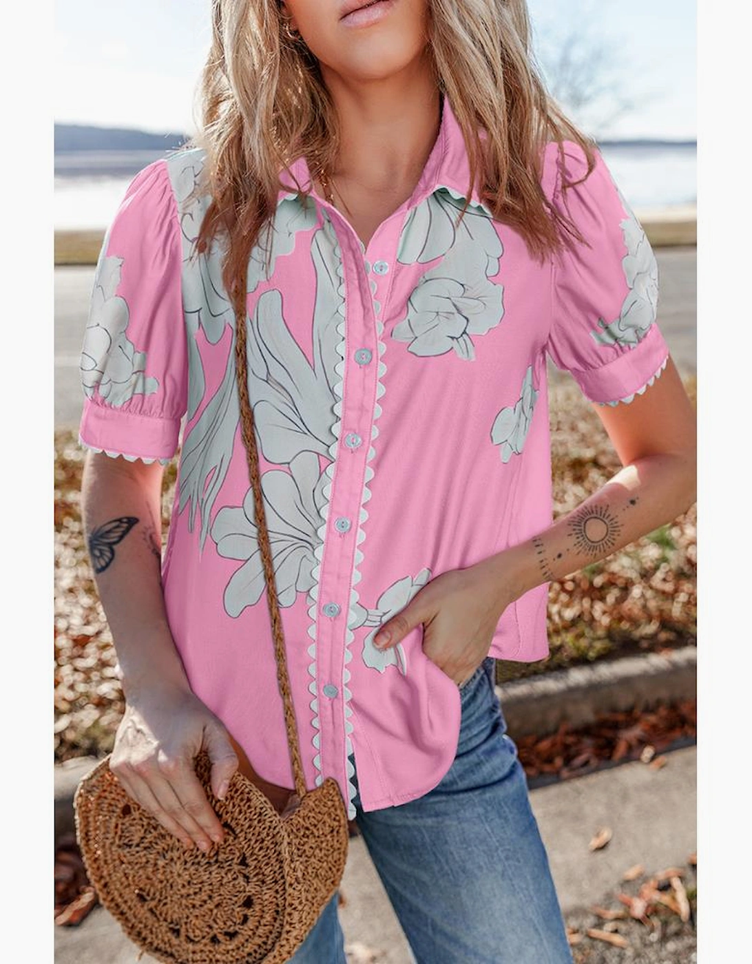 Rose Floral Ric Rac Edge Puff Sleeve Button Up Summer Shirt