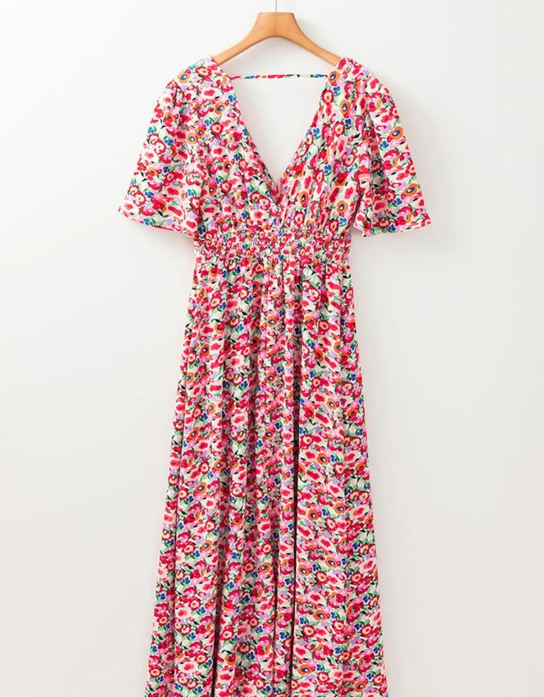 Red Floral Half Sleeve Deep V Neck Cutout Back Split Maxi Dress