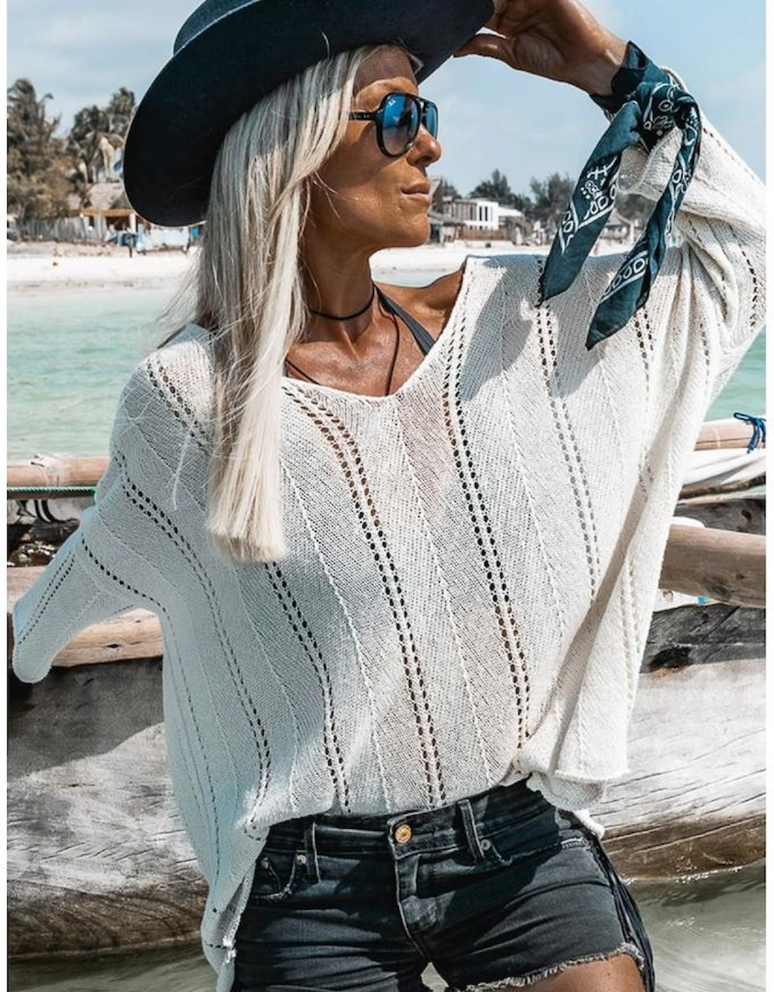 White Hollowed Detail Knitted Loose V Neck Sweater