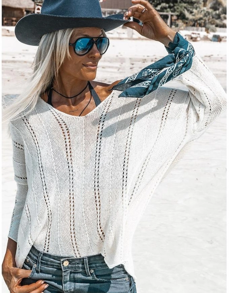 White Hollowed Detail Knitted Loose V Neck Sweater