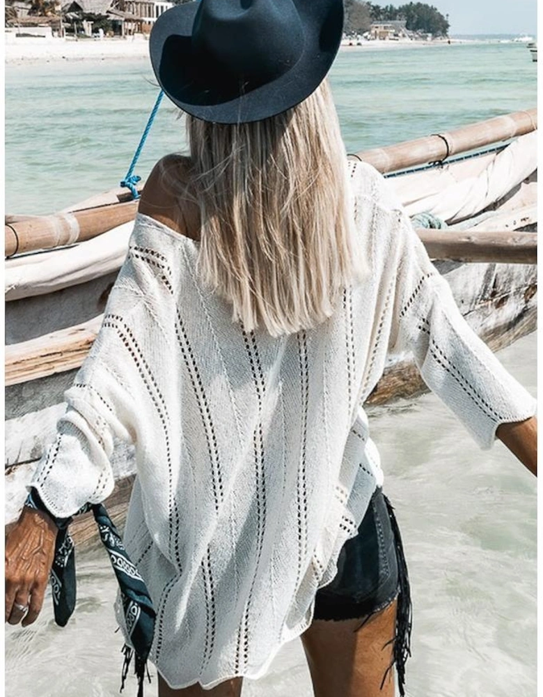 White Hollowed Detail Knitted Loose V Neck Sweater