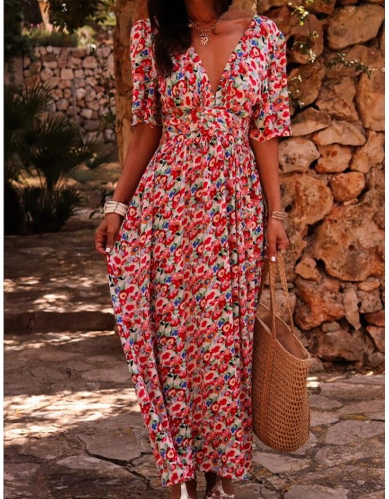 Red Floral Half Sleeve Deep V Neck Cutout Back Split Maxi Dress