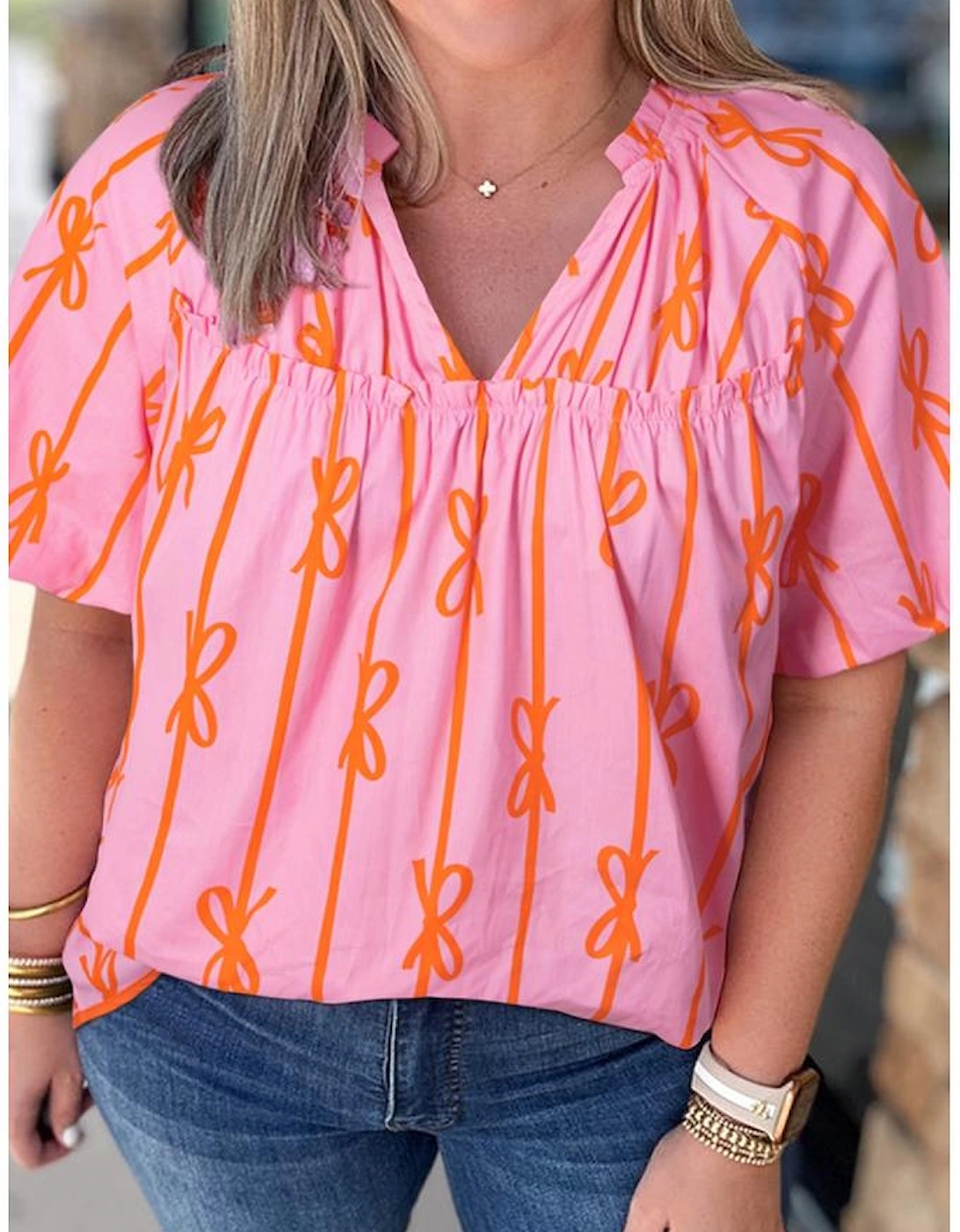 Rose Bowknot Print Shirred V Neck Puff Sleeve Plus Size Blouse