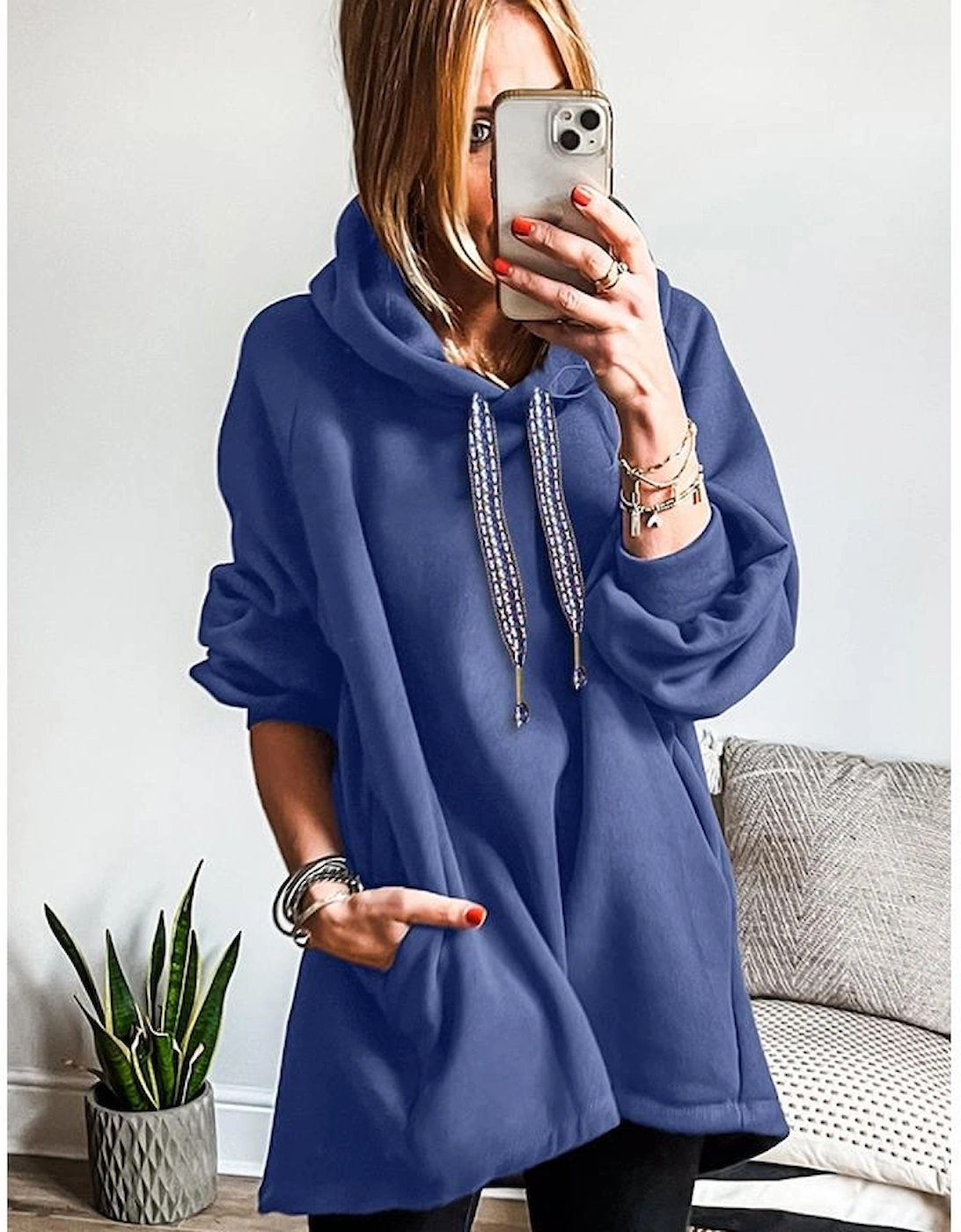 Dirty blue Fleece Lined Adjustable Drawstring Oversize Tunic Hoodie, 16 of 15