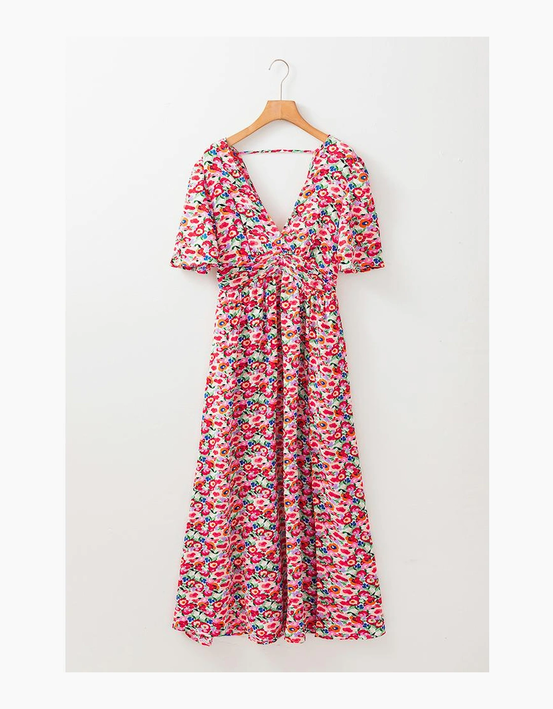 Red Floral Half Sleeve Deep V Neck Cutout Back Split Maxi Dress