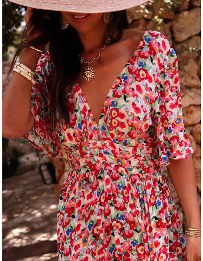 Red Floral Half Sleeve Deep V Neck Cutout Back Split Maxi Dress