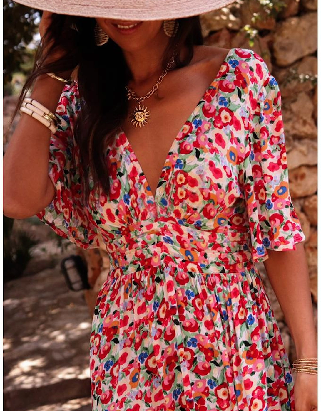 Red Floral Half Sleeve Deep V Neck Cutout Back Split Maxi Dress