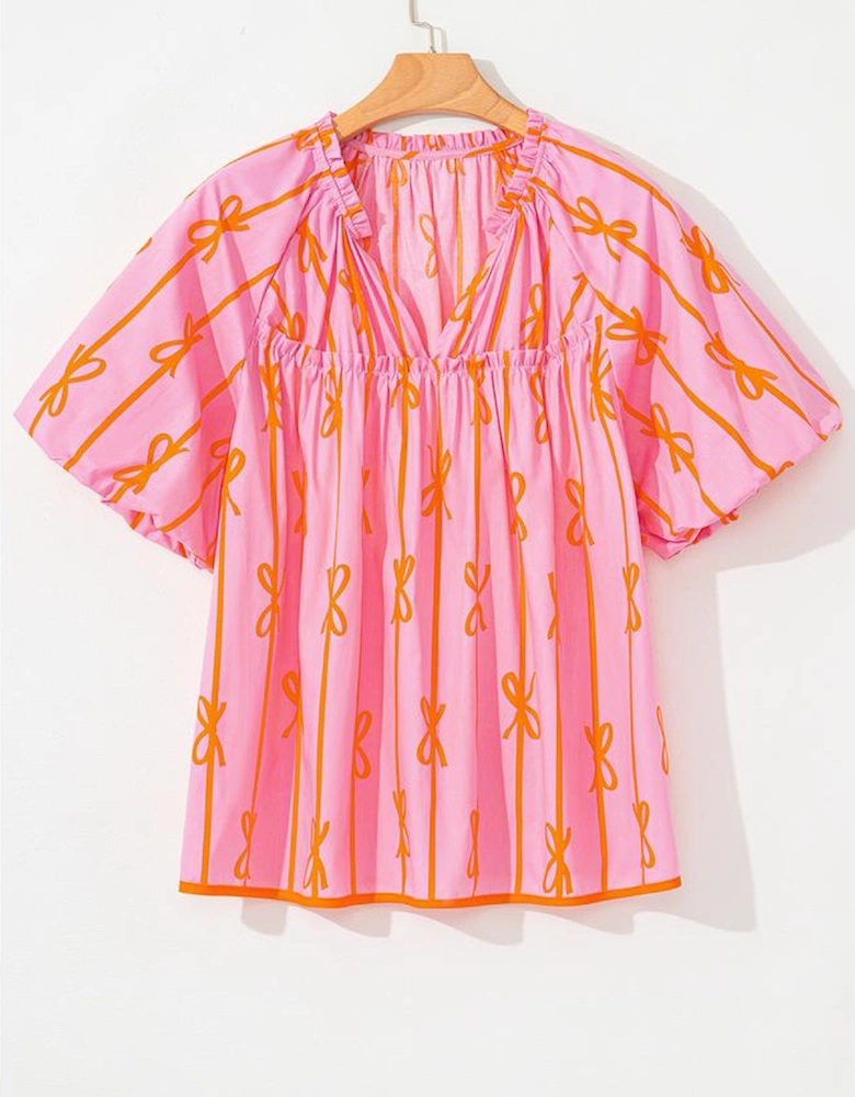 Rose Bowknot Print Shirred V Neck Puff Sleeve Plus Size Blouse