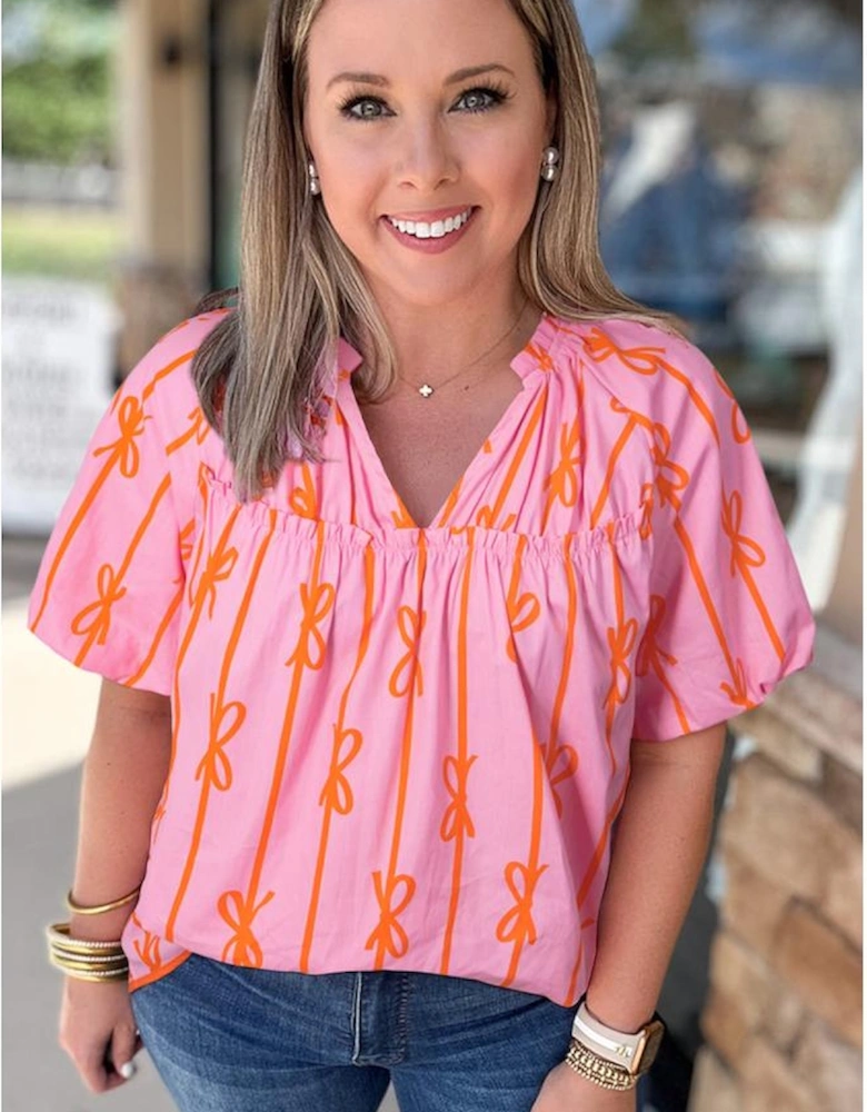 Rose Bowknot Print Shirred V Neck Puff Sleeve Plus Size Blouse