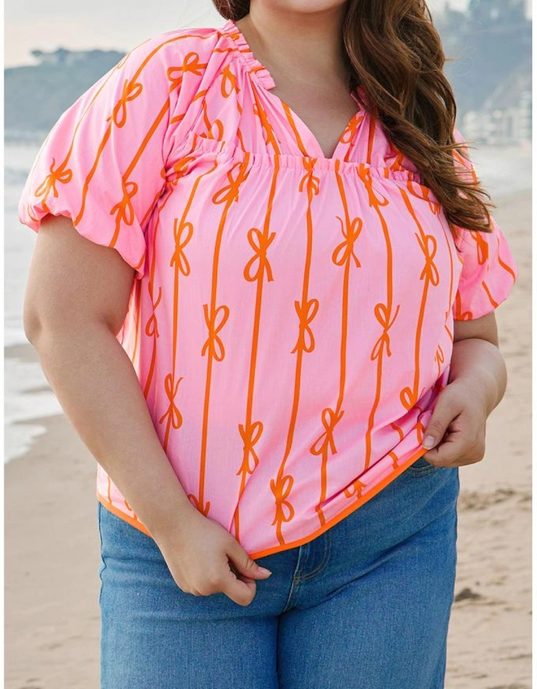Rose Bowknot Print Shirred V Neck Puff Sleeve Plus Size Blouse