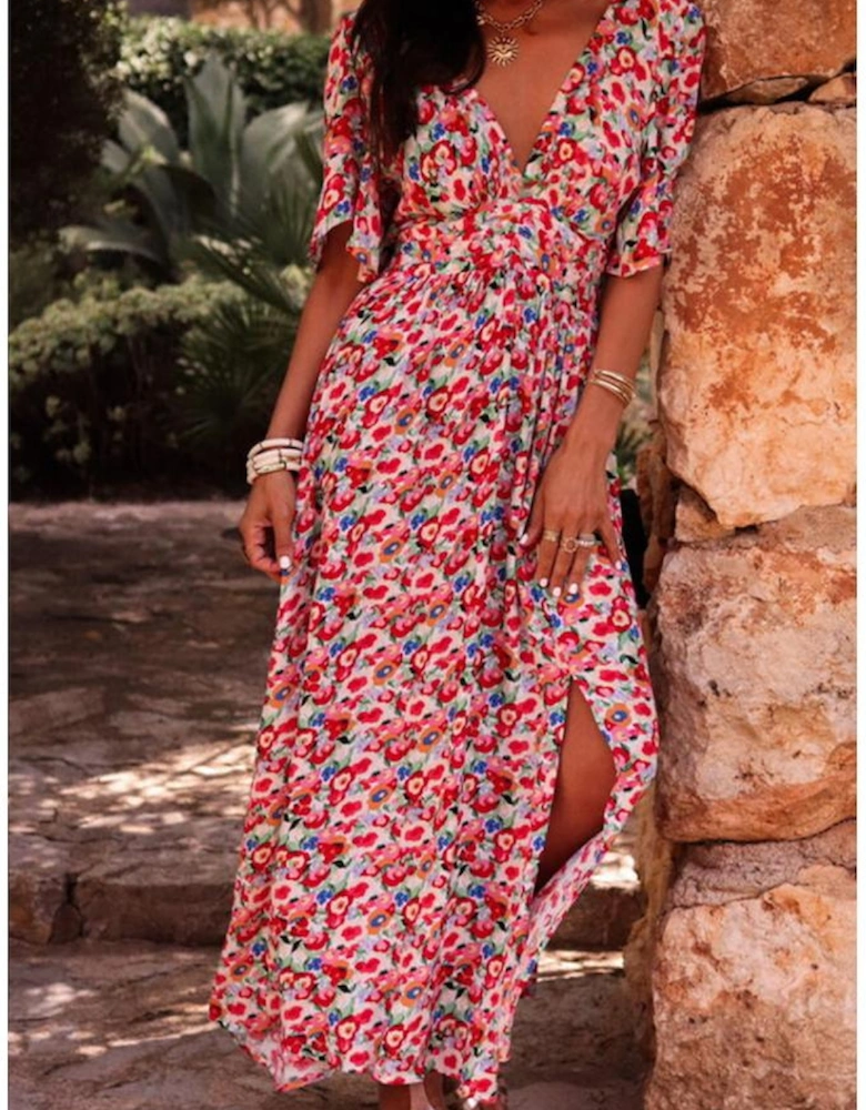 Red Floral Half Sleeve Deep V Neck Cutout Back Split Maxi Dress