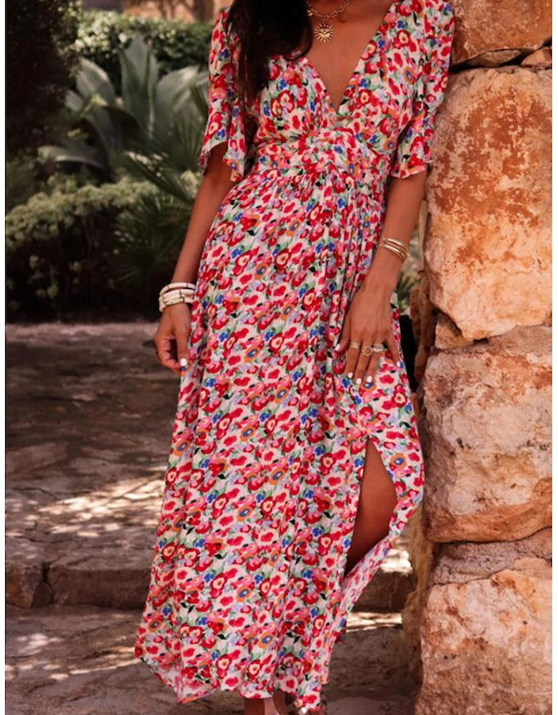 Red Floral Half Sleeve Deep V Neck Cutout Back Split Maxi Dress