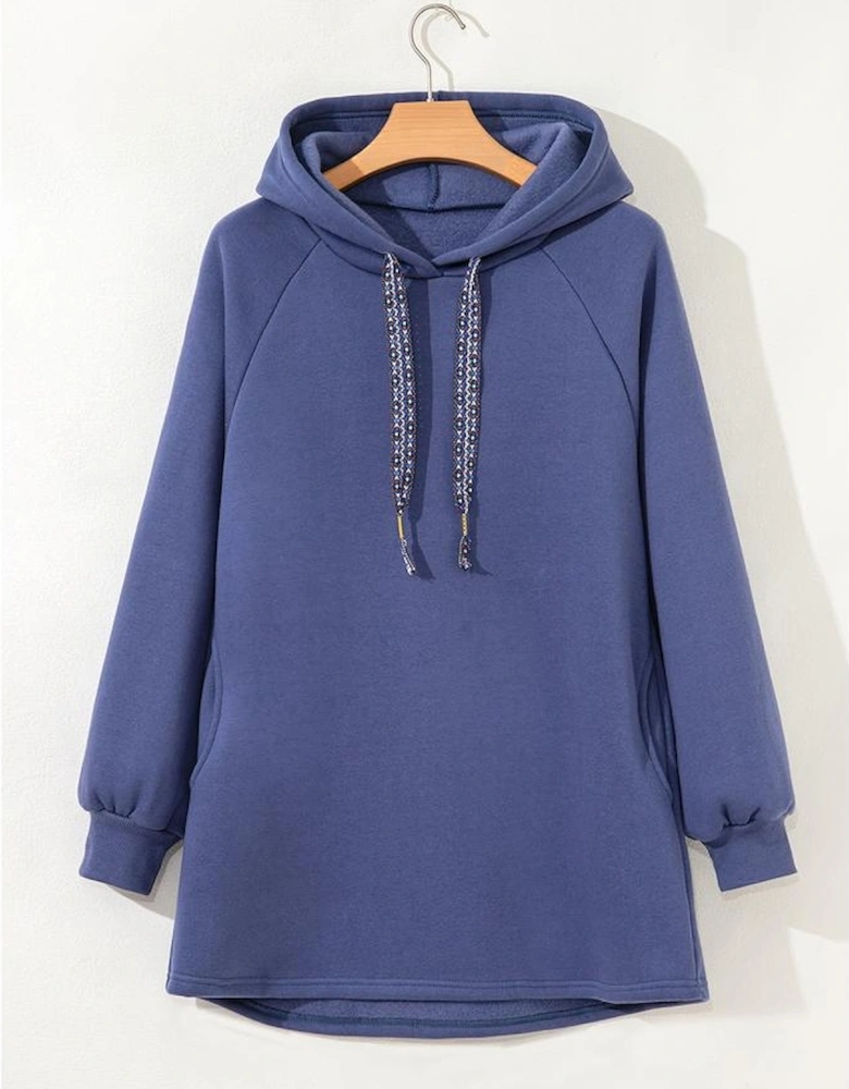 Dirty blue Fleece Lined Adjustable Drawstring Oversize Tunic Hoodie