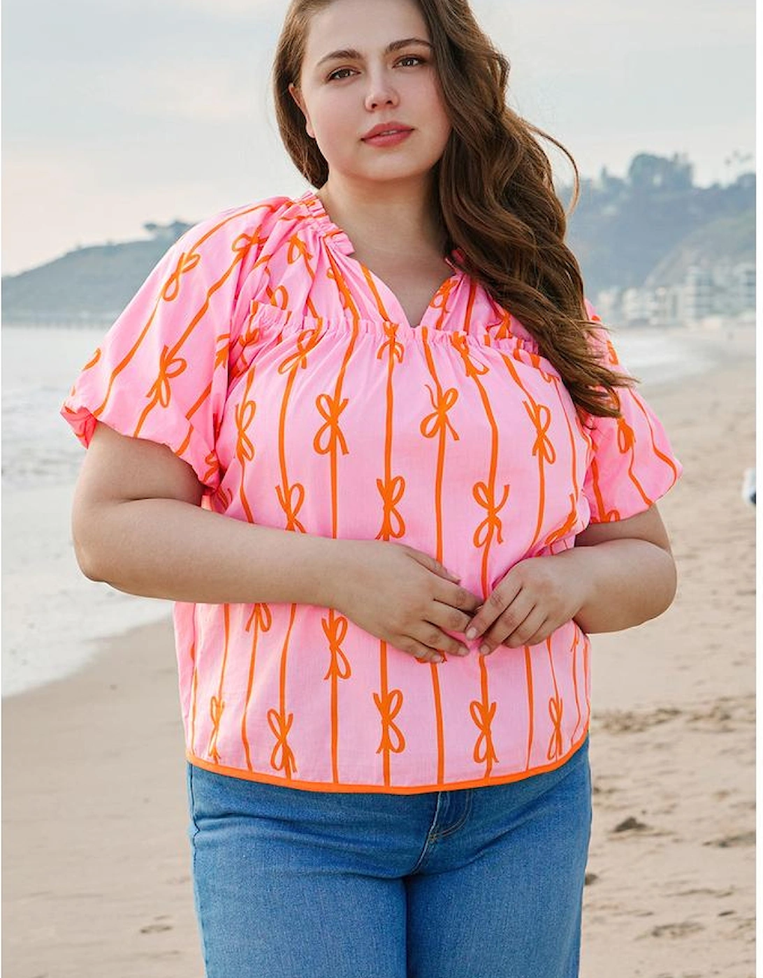 Rose Bowknot Print Shirred V Neck Puff Sleeve Plus Size Blouse