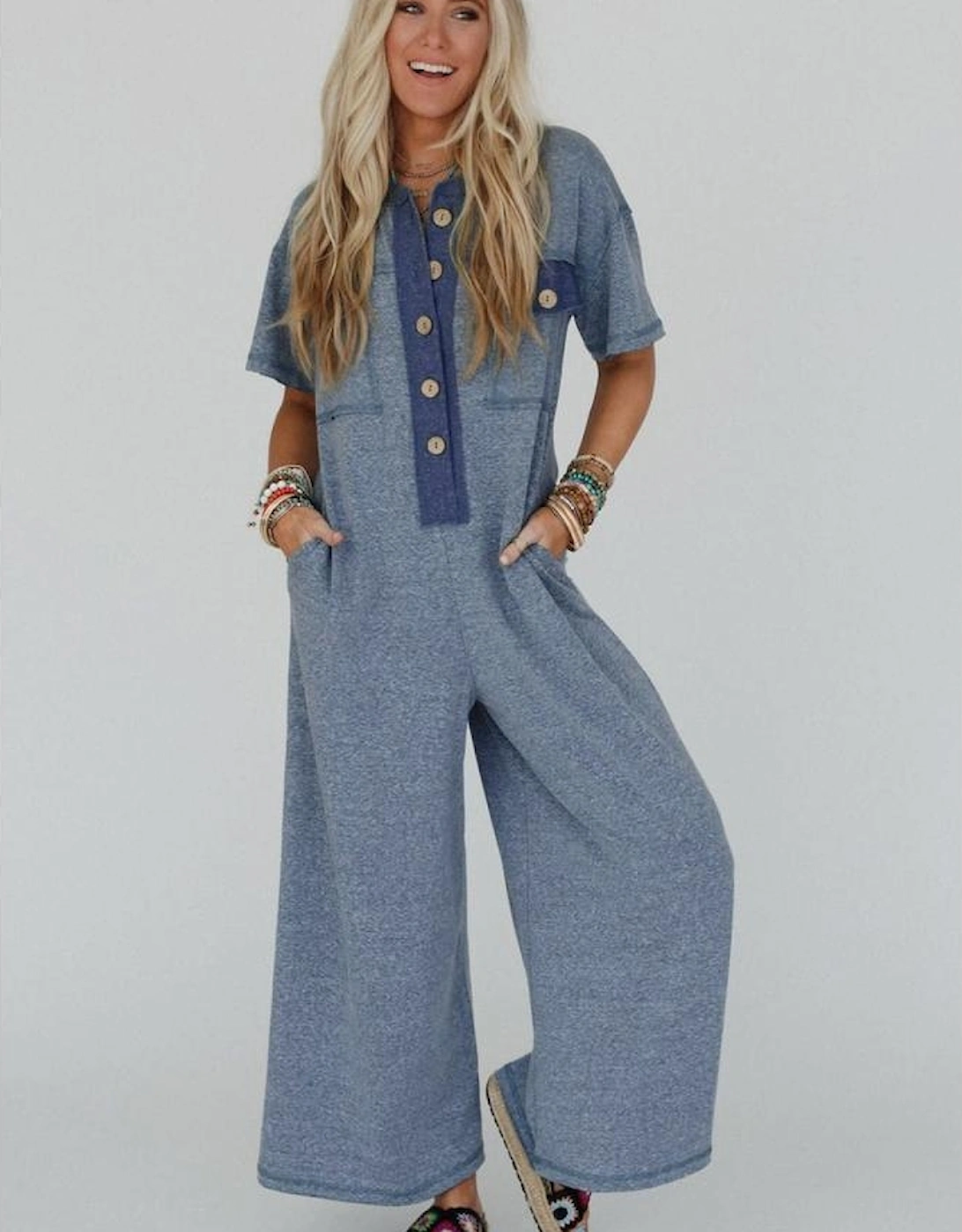 Beau Blue Half Placket Chest Pockets Short Sleeve Wide Leg Jumpsuit