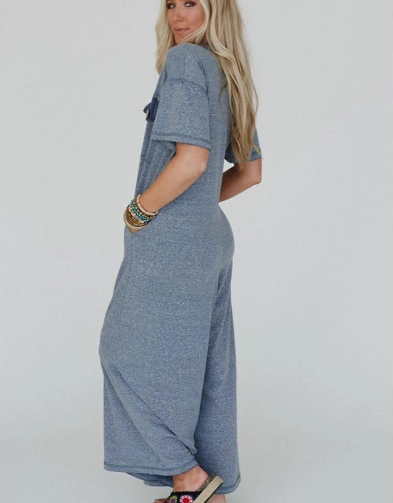 Beau Blue Half Placket Chest Pockets Short Sleeve Wide Leg Jumpsuit