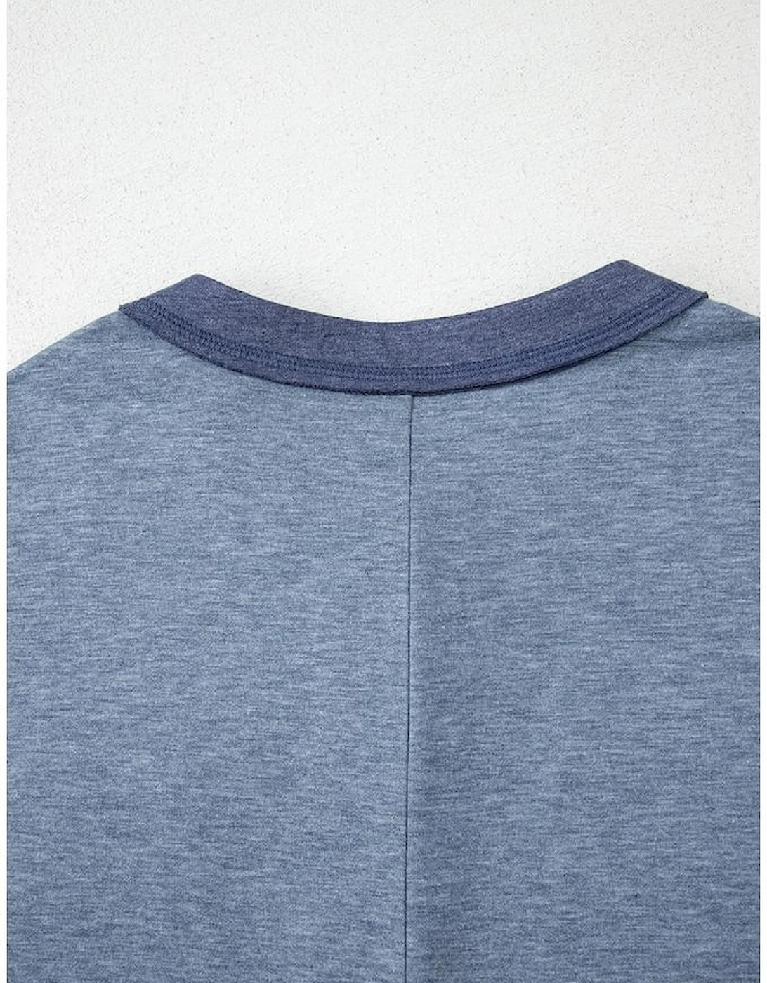 Beau Blue Half Placket Chest Pockets Short Sleeve Wide Leg Jumpsuit