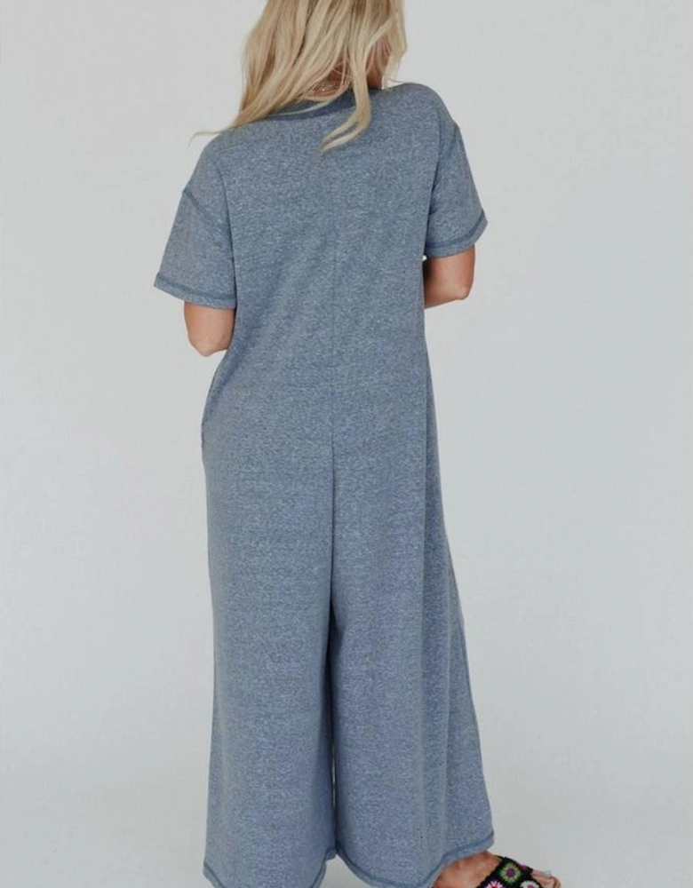 Beau Blue Half Placket Chest Pockets Short Sleeve Wide Leg Jumpsuit