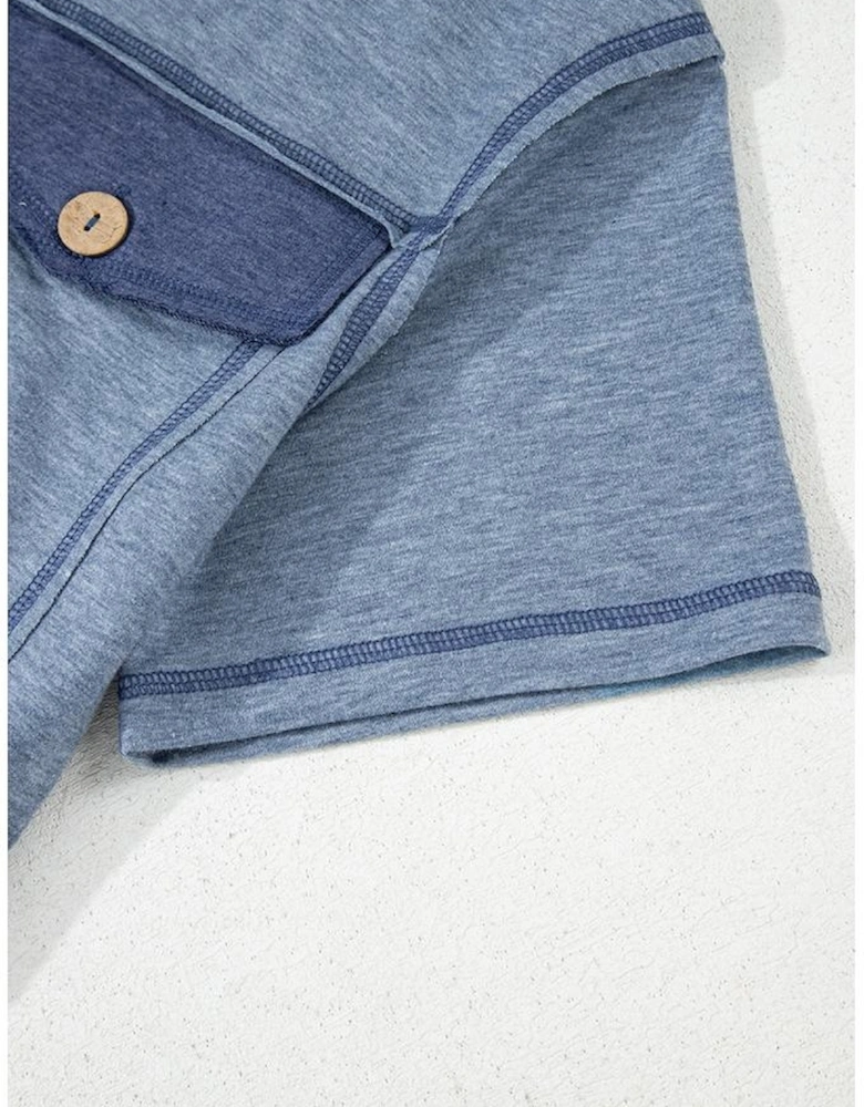 Beau Blue Half Placket Chest Pockets Short Sleeve Wide Leg Jumpsuit