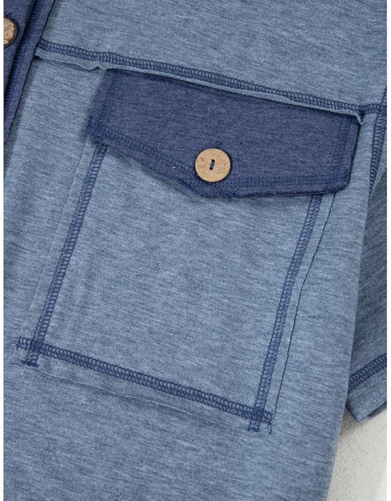 Beau Blue Half Placket Chest Pockets Short Sleeve Wide Leg Jumpsuit