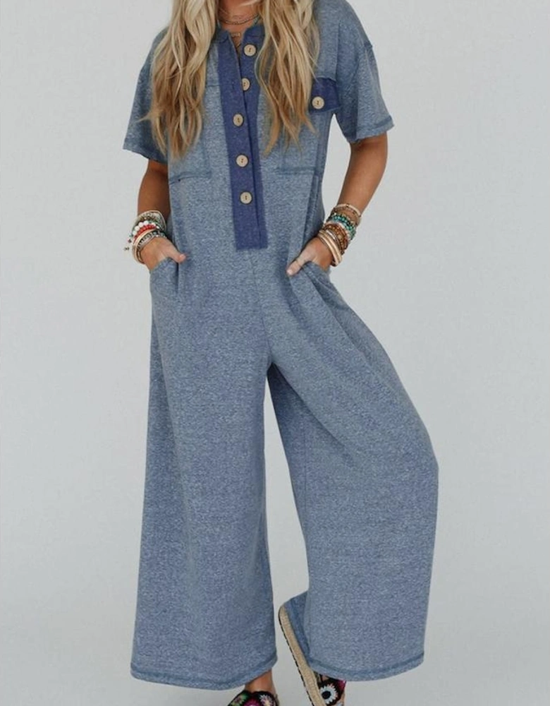 Beau Blue Half Placket Chest Pockets Short Sleeve Wide Leg Jumpsuit