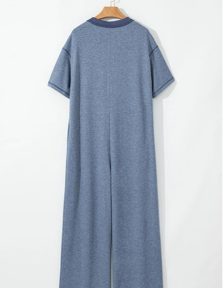 Beau Blue Half Placket Chest Pockets Short Sleeve Wide Leg Jumpsuit