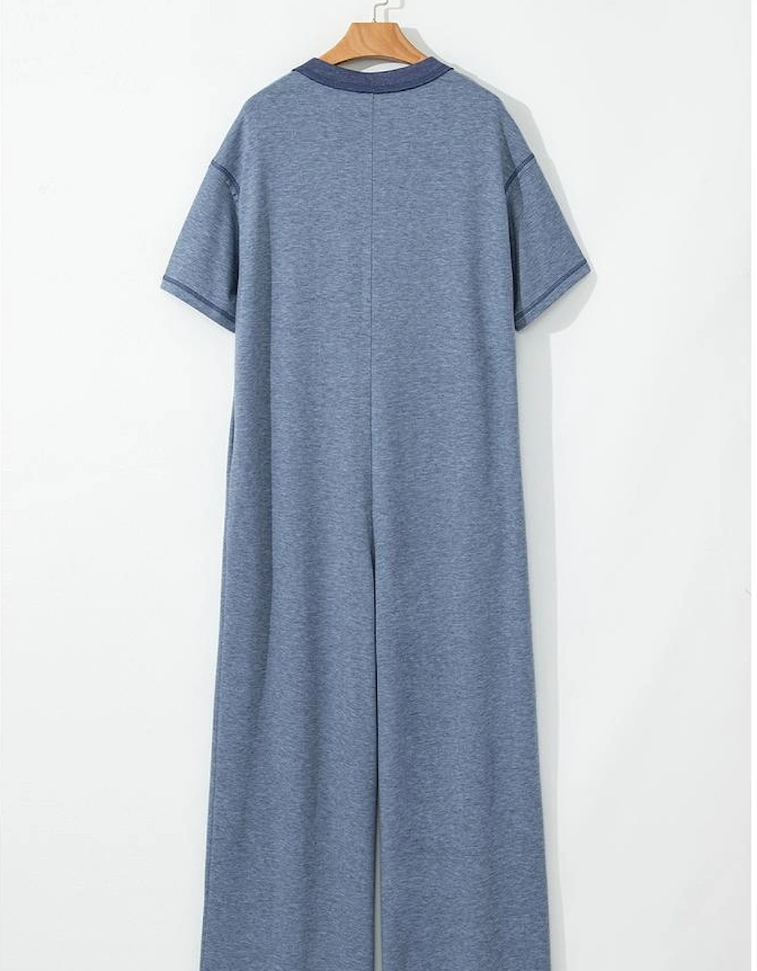 Beau Blue Half Placket Chest Pockets Short Sleeve Wide Leg Jumpsuit