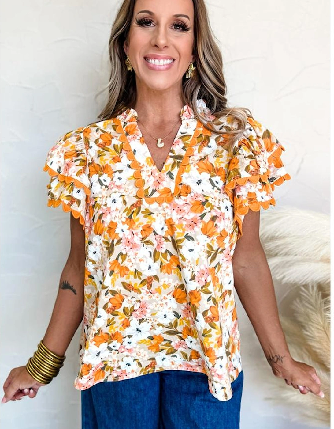 Russet Orange Ruffled V Neck Scalloped Short Sleeve Floral Blouse
