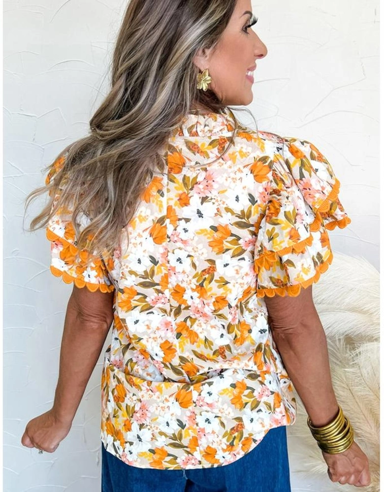 Russet Orange Ruffled V Neck Scalloped Short Sleeve Floral Blouse