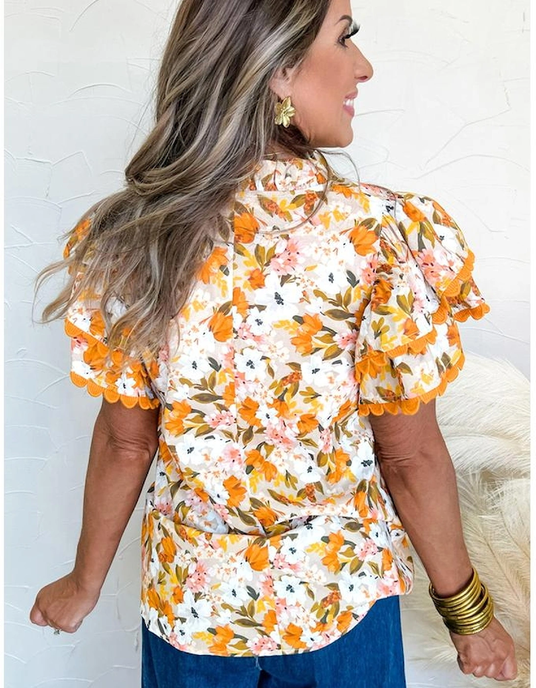 Russet Orange Ruffled V Neck Scalloped Short Sleeve Floral Blouse, 12 of 11