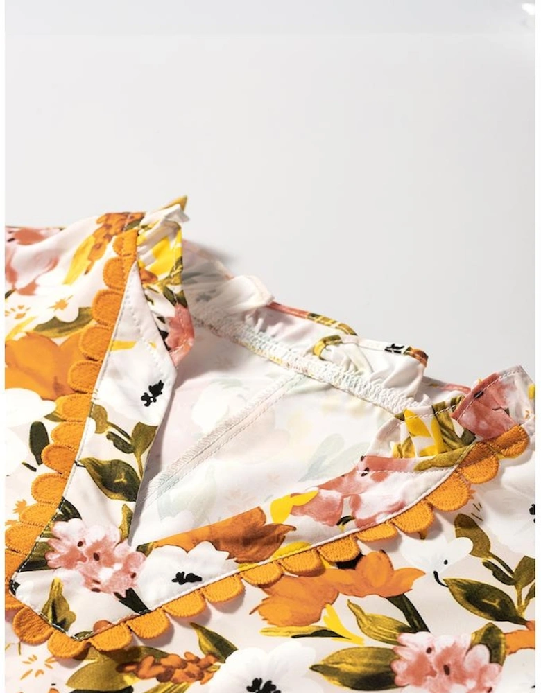 Russet Orange Ruffled V Neck Scalloped Short Sleeve Floral Blouse