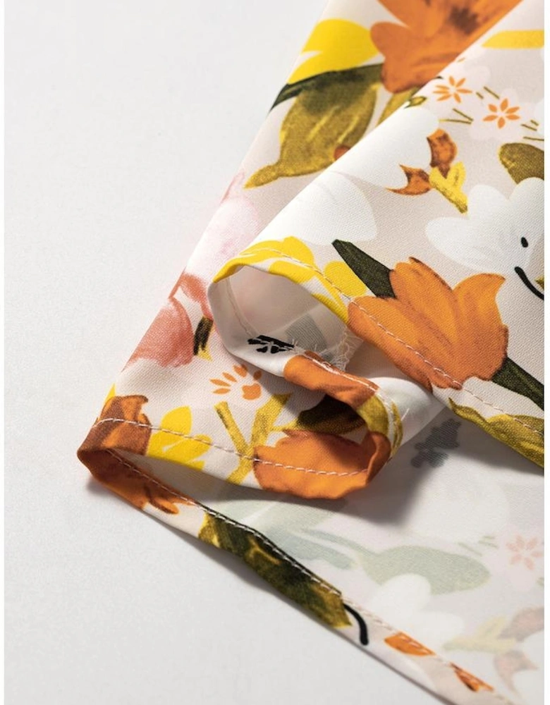 Russet Orange Ruffled V Neck Scalloped Short Sleeve Floral Blouse