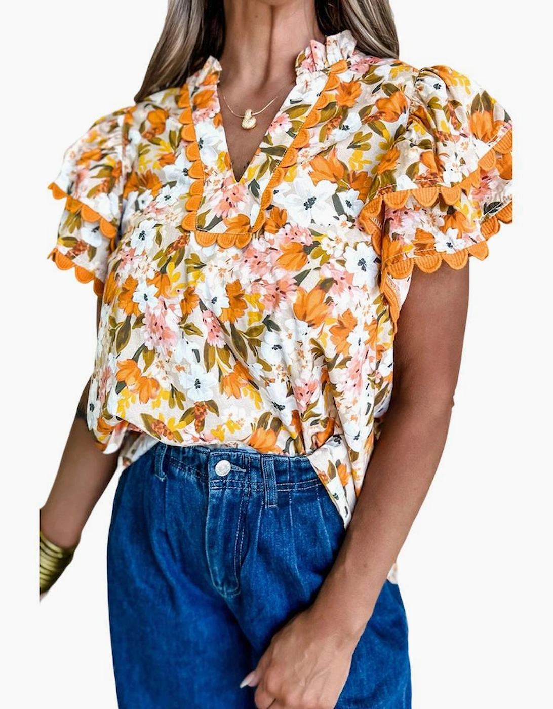 Russet Orange Ruffled V Neck Scalloped Short Sleeve Floral Blouse